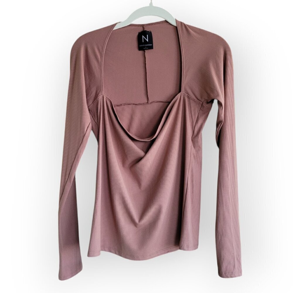 Naked Wardrobe XL Brown Square Neck Ribbed Long Sleeve Stretchy Neutral Top - Picture 5 of 8